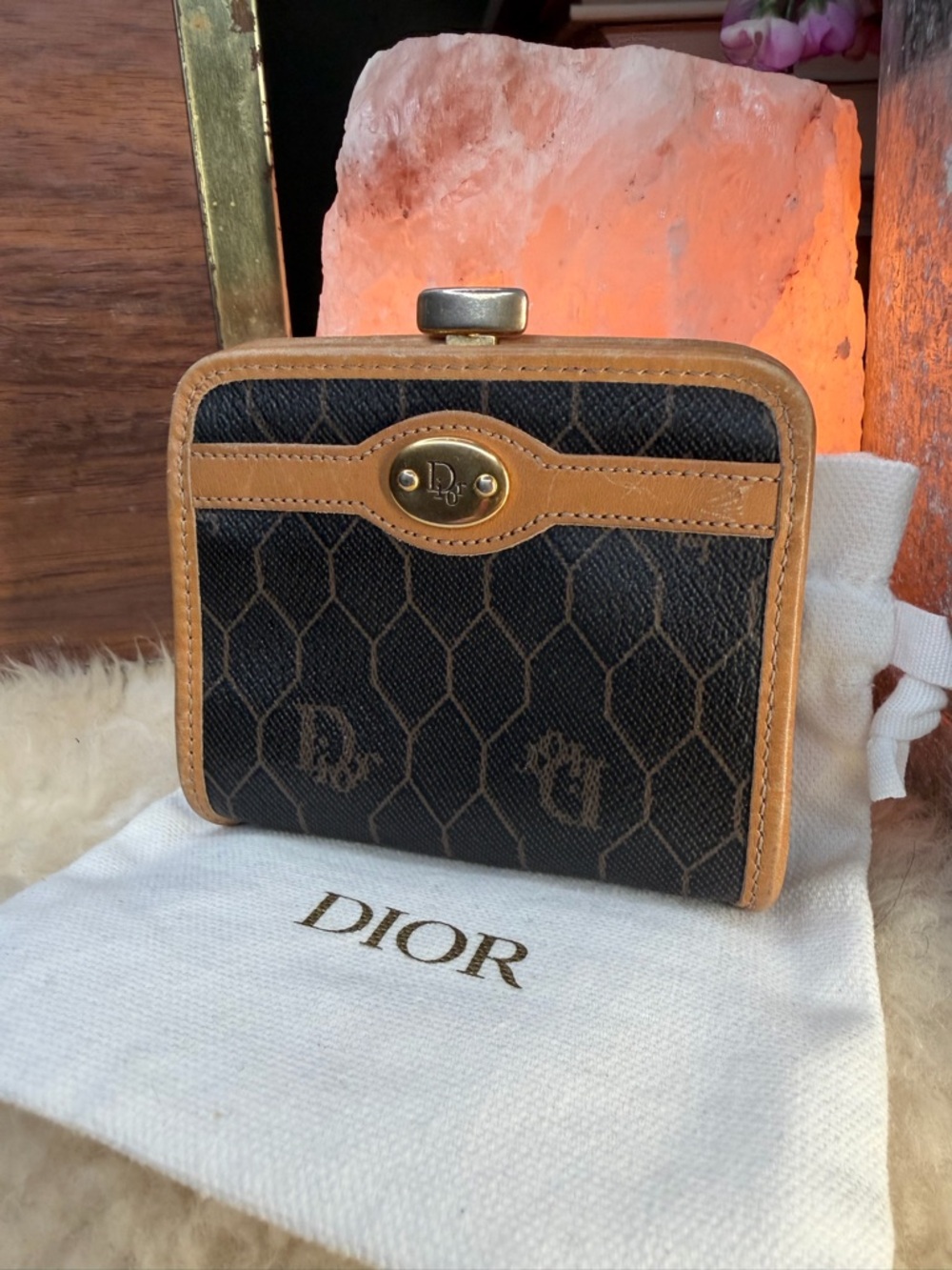 Dior Tan Leather-Trimmed Honeycomb Pattern Coin Purse